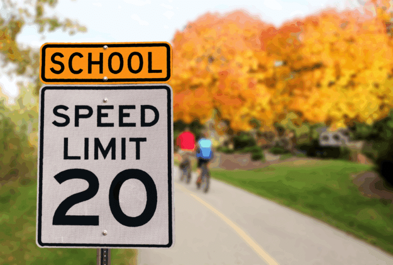 Image is of a school zone speed limit sign of 20 mph against a background of fall foliage, concept of driver tips for school traffic in Murfreesboro