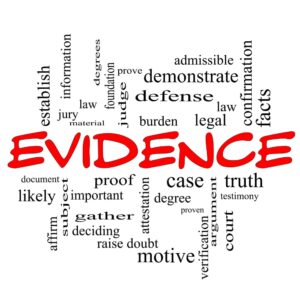 Image is of a word cloud centered around the term evidence, representing the documents, photos, and case materials used to support claims and clarify responsibility after a truck collision.